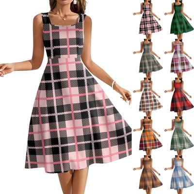 Ladies' Square Neck Plaid Sleeveless Large Swing Dress