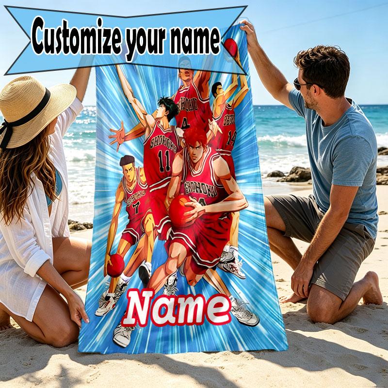 Custom Name Personalized SLAM DUNK Print Beach Towel, for Trip Camping Beach Party Home Decor, Birthday Gift for Family & Friends