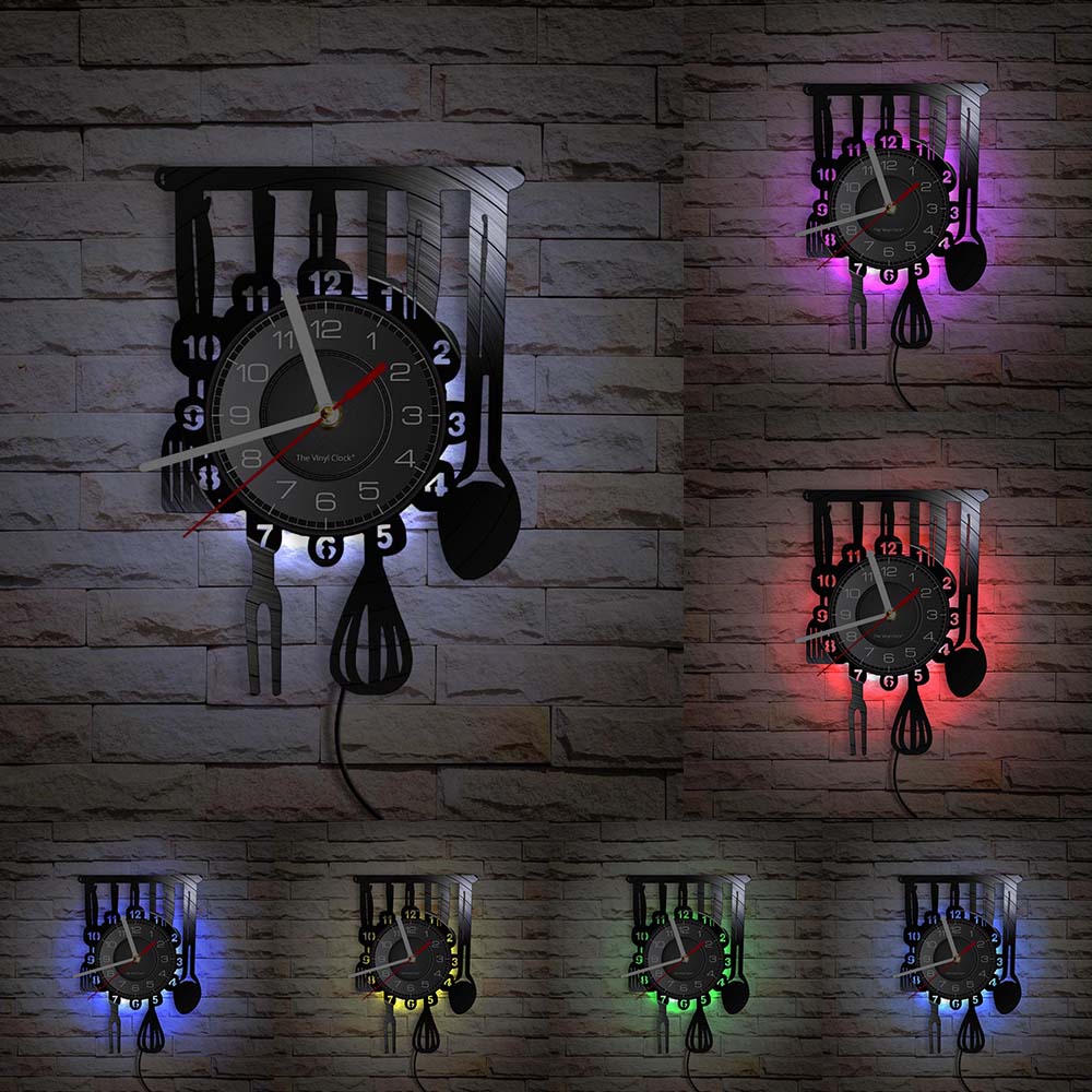Cutlery Farmhouse Kitchen Art Sign Wall Clock Dinning Room Restaurant Cutlery Wall Decor Vintage Utensil Vinyl Record Wall Clock