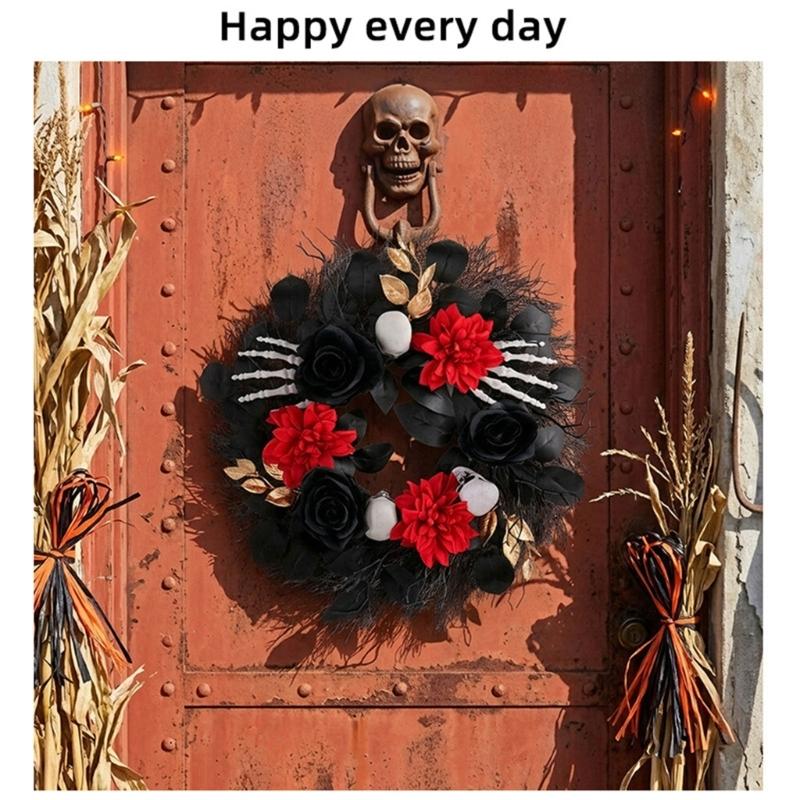 Decorative Halloween Door Wreath, Bone Hand and Skull Flower Wreath 45CM for Front Door Porch Placement, Table Display, Window Framing, and Holiday