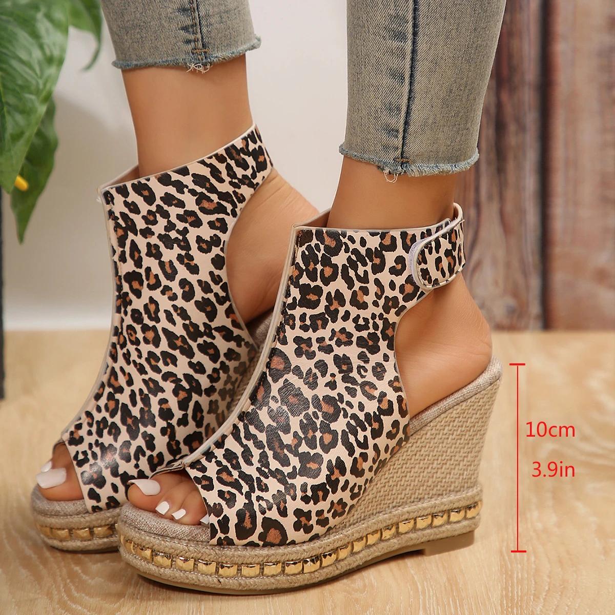 

Модные босоножки на высоком каблуке с леопардовым принтом, женская обувь, удобные римские сандалии с открытой пяткой, универсальные туфли с рыбьим ртом для женщин 36 цветной печати леопарда