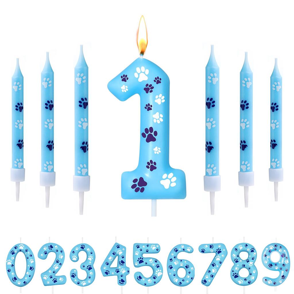 0-9 Blue and White Dog Birthday Candle Cake Top Digital Birthday Candle, Used for Boy and Girl Dog Claw Decoration Candles