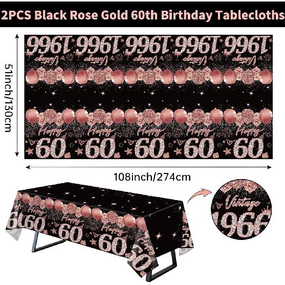 2pcs 60th Birthday Tablecloth, Black Rose Gold 60th Birthday Decorations for Woman Vintage 1966 Table Cloth Plastic Rectangular Table Cover Happy 60