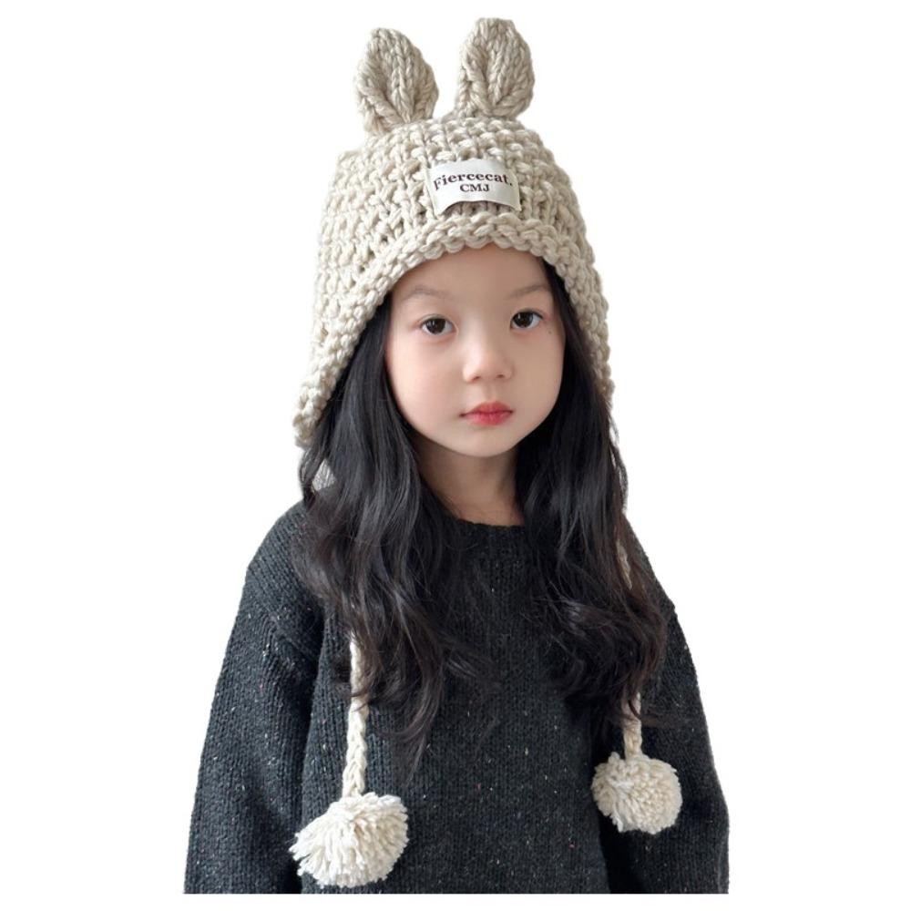 Rabbit Ear Kids Knitted Hat Solid Color Warm Winter Cap Warm Crochet Beanie Outdoor Winter