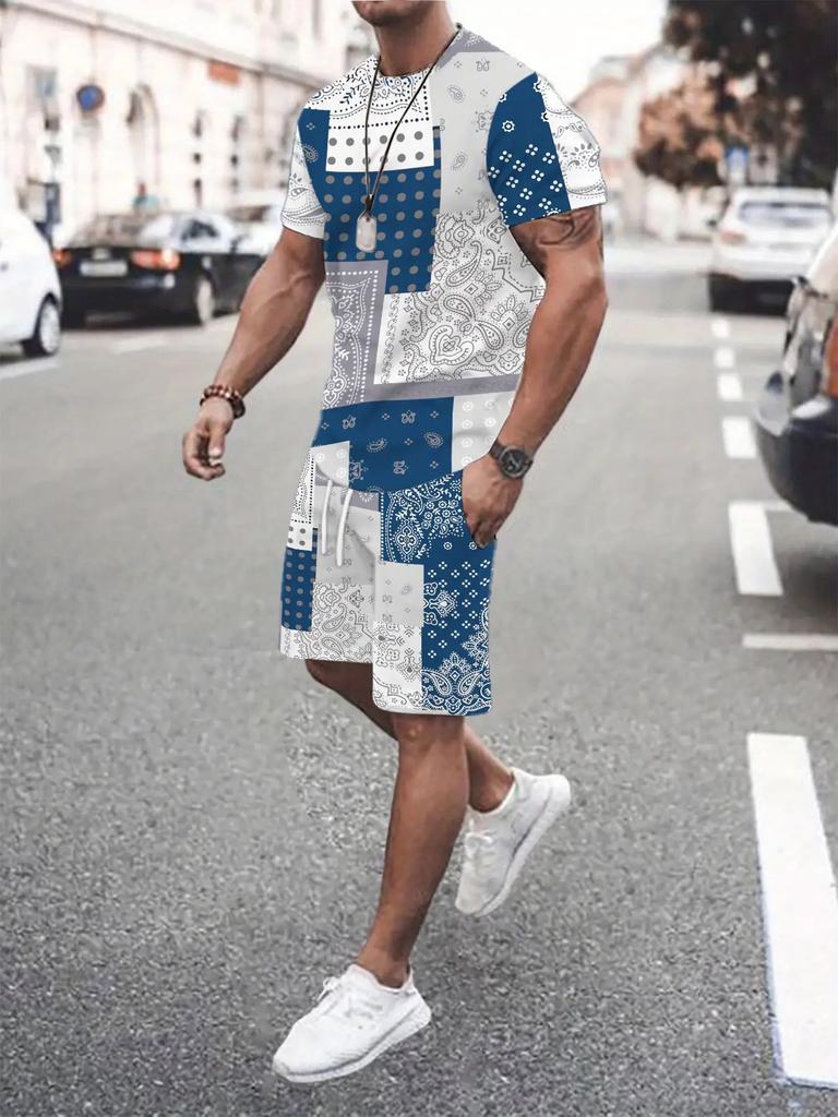 Plus Size Men 3D Print Round Neck T-Shirt Drawstring Shorts Set