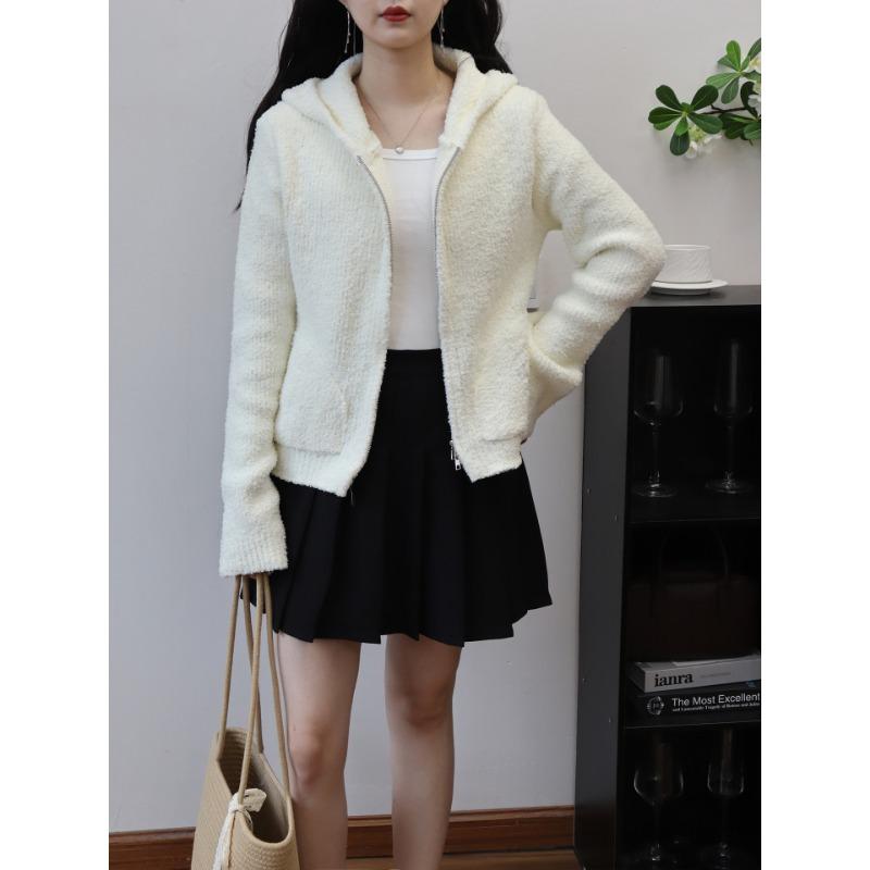 Autumn and winter new hooded double zipper knitted cardigan soft waxy short casual versatile temperament sweater jacket women
