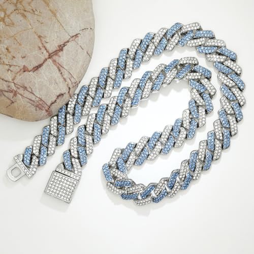 Takeda Jewelry Men's Iced Out Cuban Chain Necklace, Silver and Blue Rhinestones, Wide Chain, Street Style Accessory, 45/50/55cm (55cm)