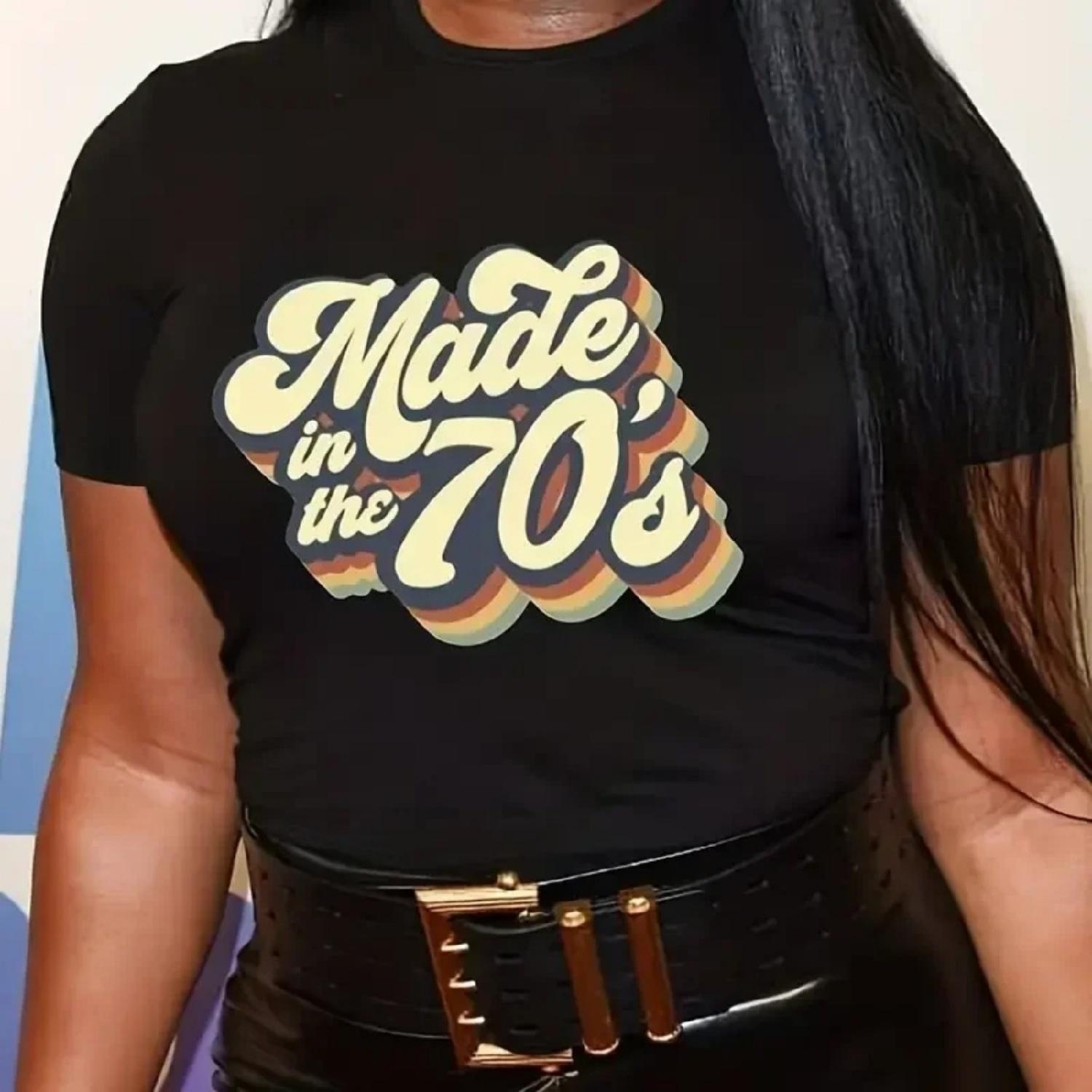 

Casual T-shirt Women s Art Letter 70s Print Round Neck Short Sleeve Medium Stretch T-shirt Women Clothing Fashion Personality XXXXXL різнокольоровий