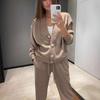 Women's O Neck Long Sleeve Loose Fit Button Front Cardigan Two Piece Outfit Drawstring Waist Straight Pants Autumn Casual Loungewear Pant Set