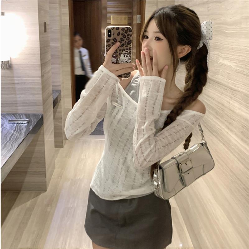 

SPEAR YOUTH Broken Ice Knit Sweater - Irregular Two-Piece Layered Long Sleeve Top Medium білий