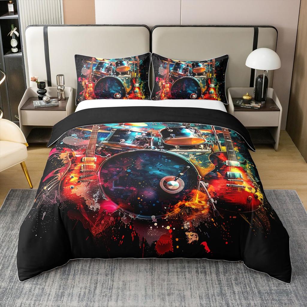 Drum Kit Duvet Cover Sets For Kids Boys Teens Queen Lightweight Quilt Covers Classical Music Bedding Set Room Decor No Comforter