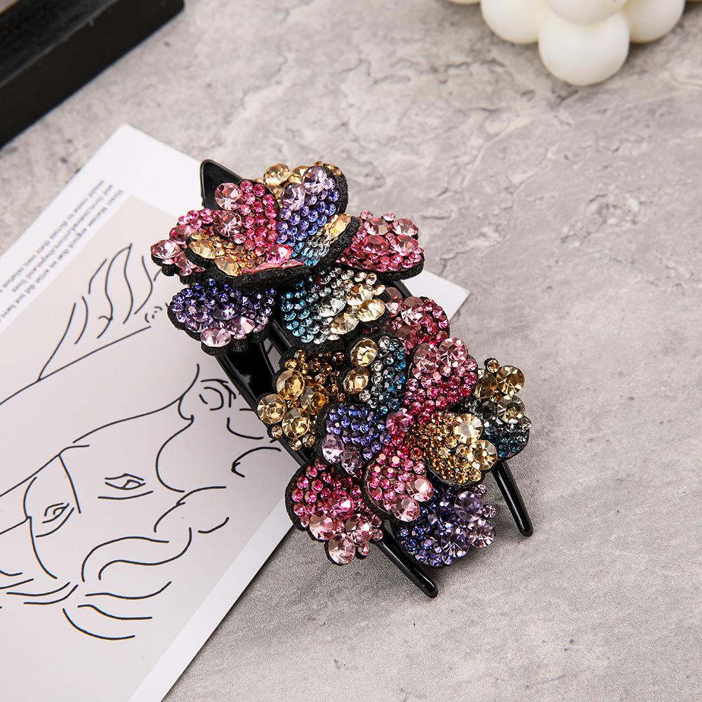 Elegant Full Rhinestone Floral Women's Retro Vertical Hair Clip – Non-slip Updo Ponytail Accessory