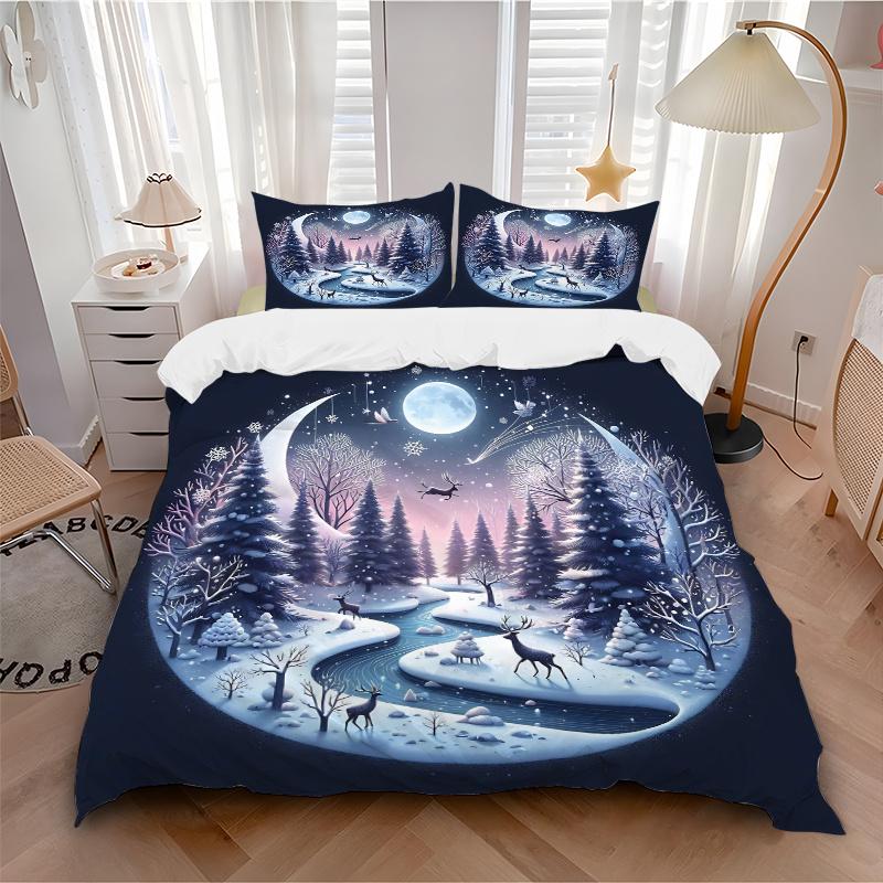 3pcs Winter's Night Pattern Bedding Set, 1* Cover + 2*Pillowcases, Printed Bedding Set, Soft