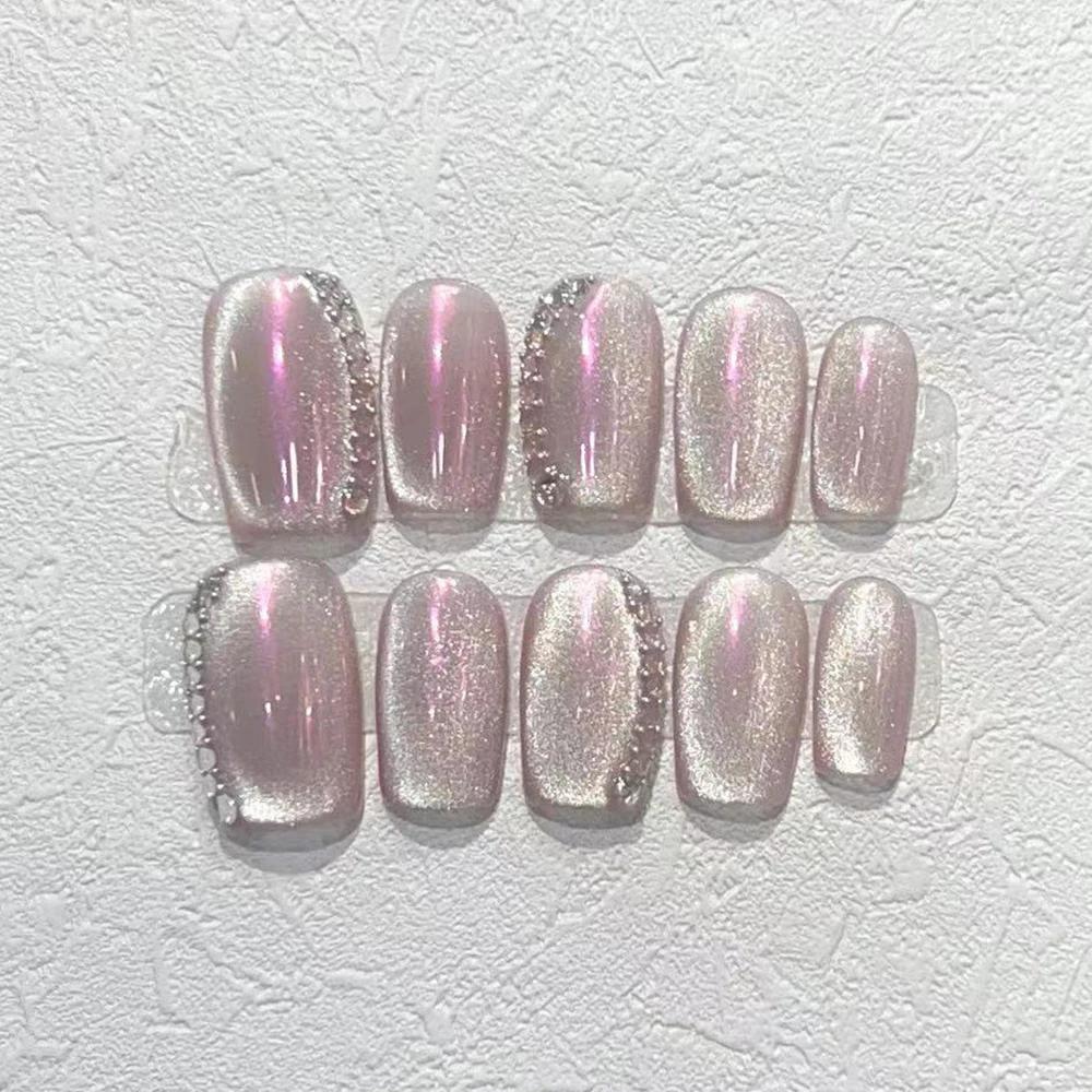 Summer Sweetheart Handmade Full Cover False Nails Kawaii Cartoon Cat Flower Cat Eye Short Square Reusable Fake Nail Stickers
