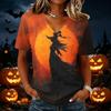 Womens Casual Short Sleeve V Neck Pullover Top Halloween Graveyard Print Lightweight Soft Fabric Tee Shirt