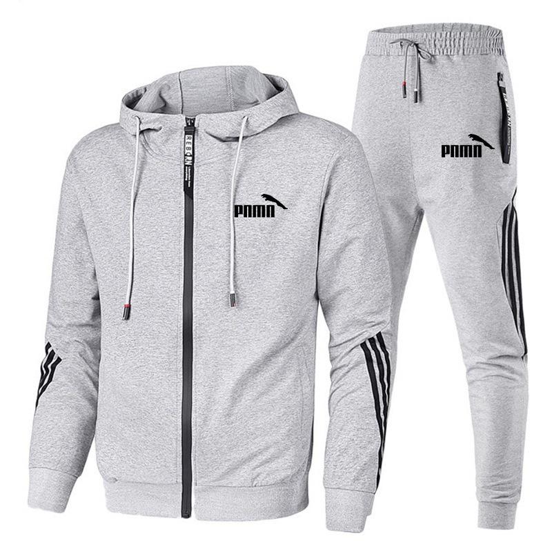Tuta da Ginnastica da Uomo Primavera Autunno Casual Set 2 Pezzi Felpa con Zip e Stampa Pantaloni Jogger