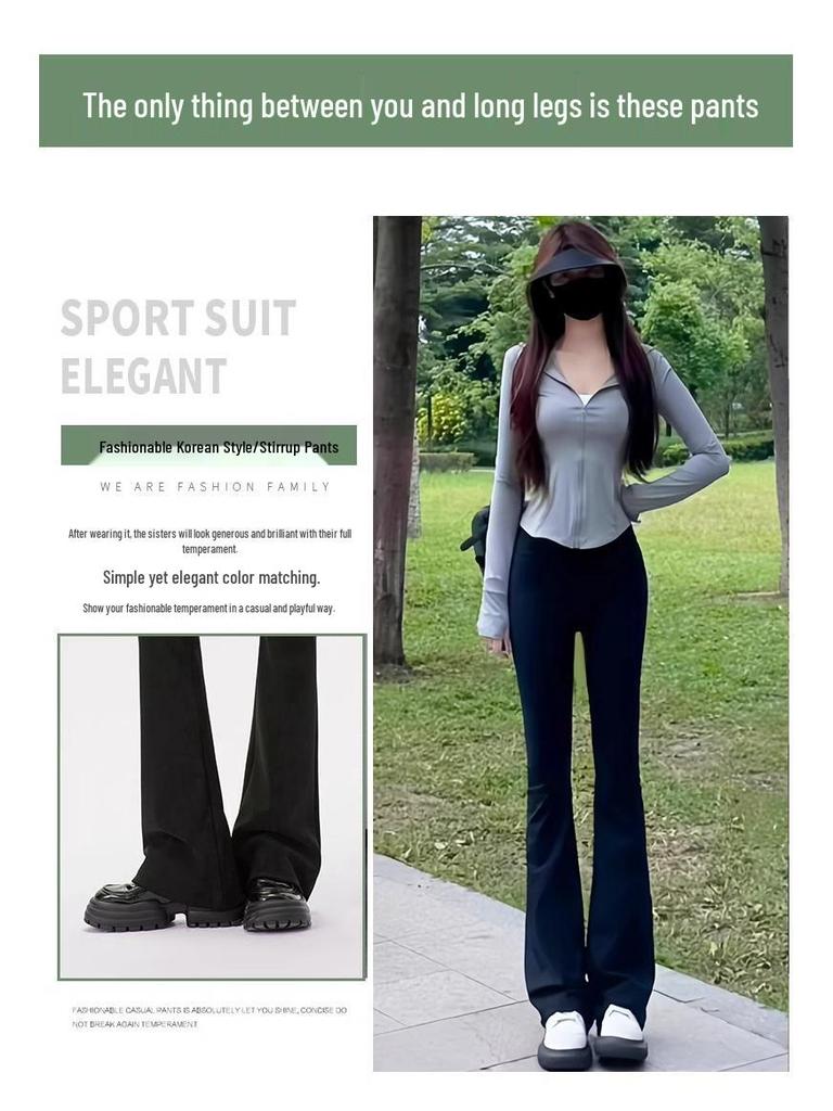 Petite Slimming High Waist Black Micro-Flare Pants for Women - Spring/Summer Casual Horseshoe Design