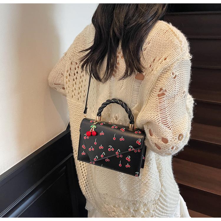 Borsa a tracolla quadrata in ecopelle con stampa ciliegie per donna, borsa a spalla carina