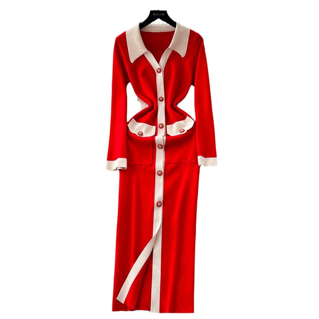 Women's French Retro Color Clashing Lapel Single-breasted Waist Temperament Split Knee-length Knit Dress