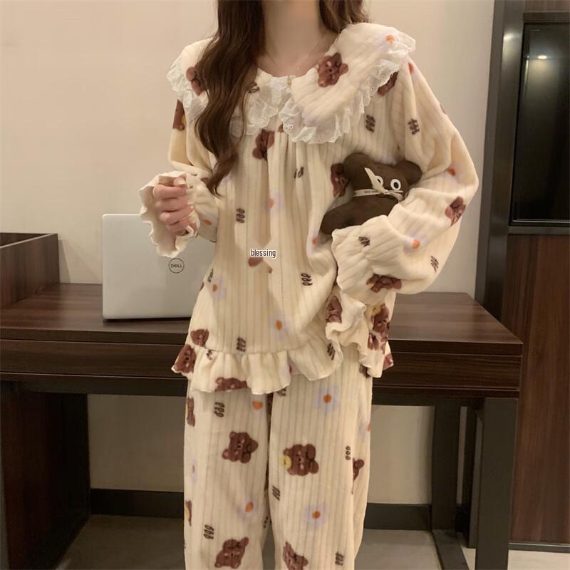 Женский комплект пижамы OEING из кораллового флиса с маленьким мишкой One Size