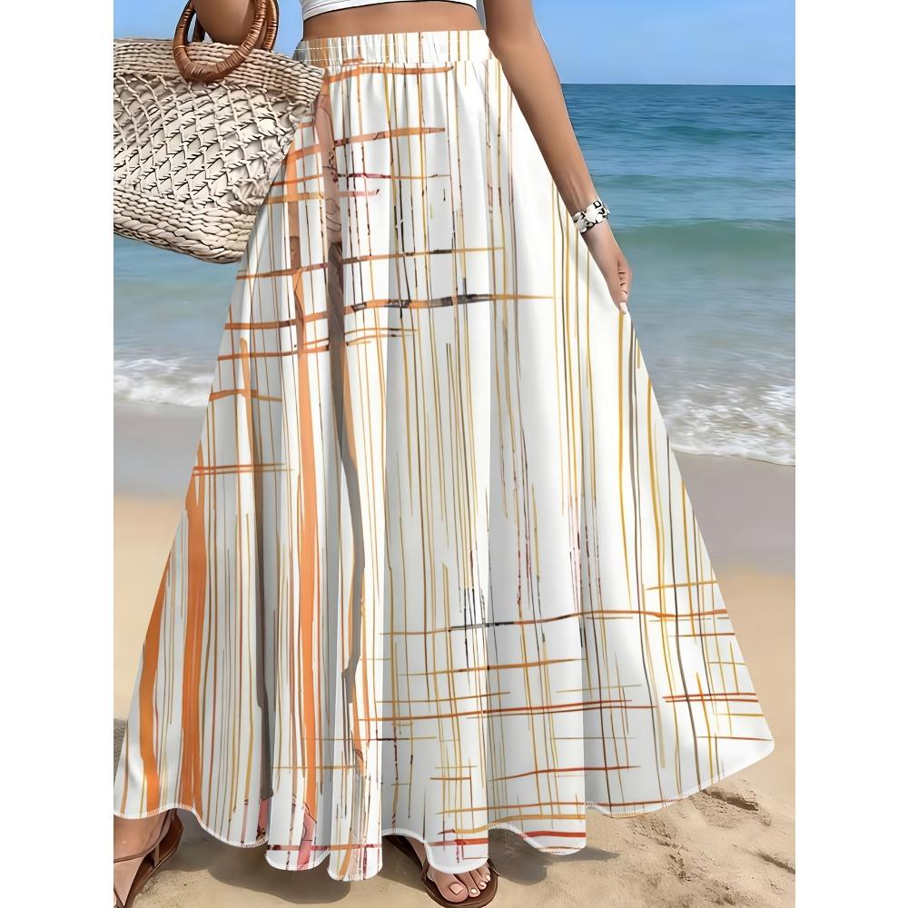 Orange-Yellow Line Interwoven Abstract Pattern Skirt, Summer Casual Vacation Style