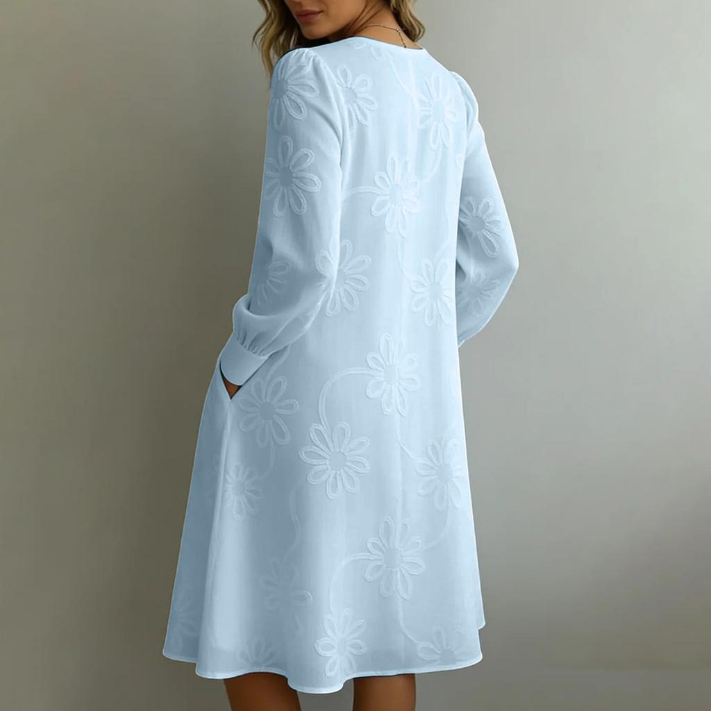 Women Casual Loose Fit Vintage Embroidered Floral V Neck Long Sleeve Dress Comfortable Everyday Wear