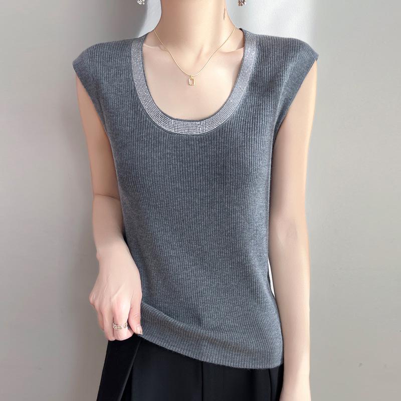 

Women s 2025 Summer Rhinestone U-neck Slimming Knit Vest XL сірий колір