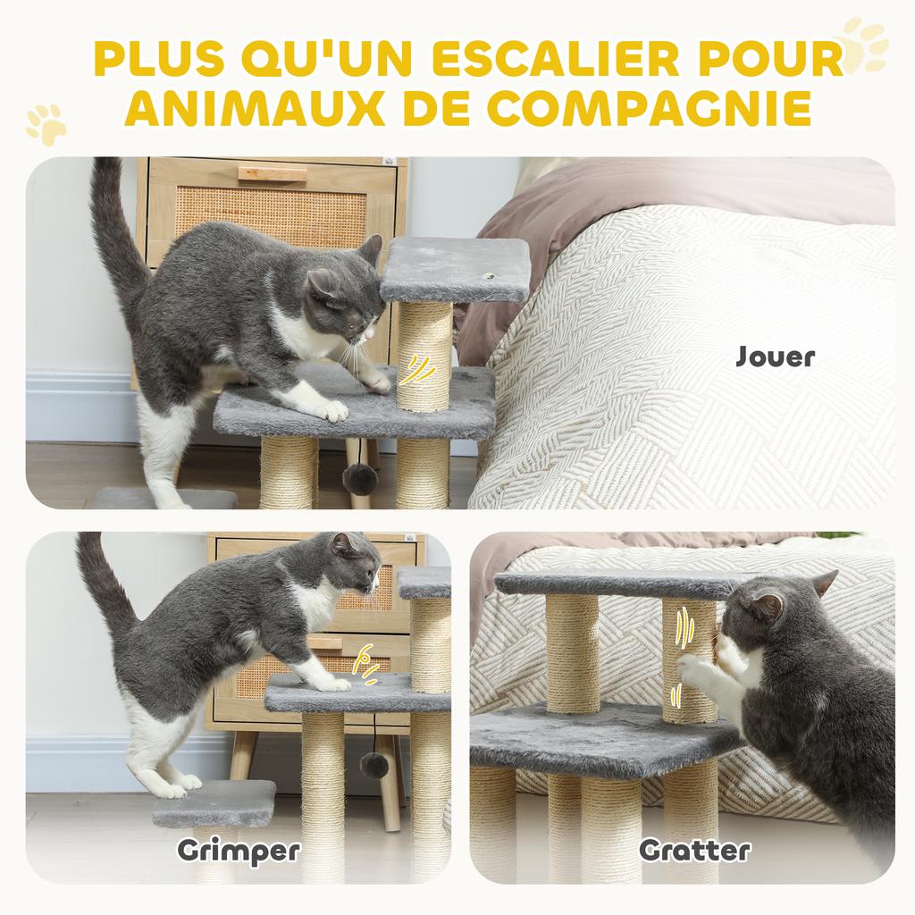 Pet Stairs, Adjustable 3-Step, Cat and Dog Ladder, Sisal Post, Ball, 52 x 34.5 x 54 cm, Grey