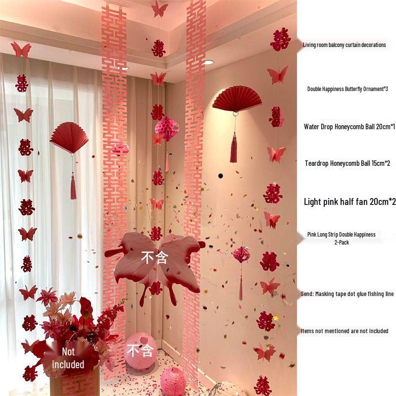 Our Home Wedding Lantern Set: Atmosphere-Enhancing Pull Flower Decorations with Double Happiness Hanging Ornaments