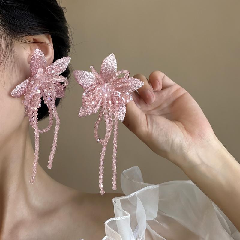 Elegant Pink Tassel Flower Stud Earrings - Exaggerated Fairy Style for Seaside Vacations