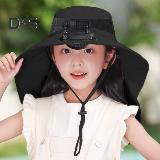 Kapelusz z wentylatorem solarnym z ochroną przed słońcem, podwójny sposób ładowania, kapelusz z szerokim rondem z szalem osłaniającym szyję, kapelusz outdoorowy dla dzieci