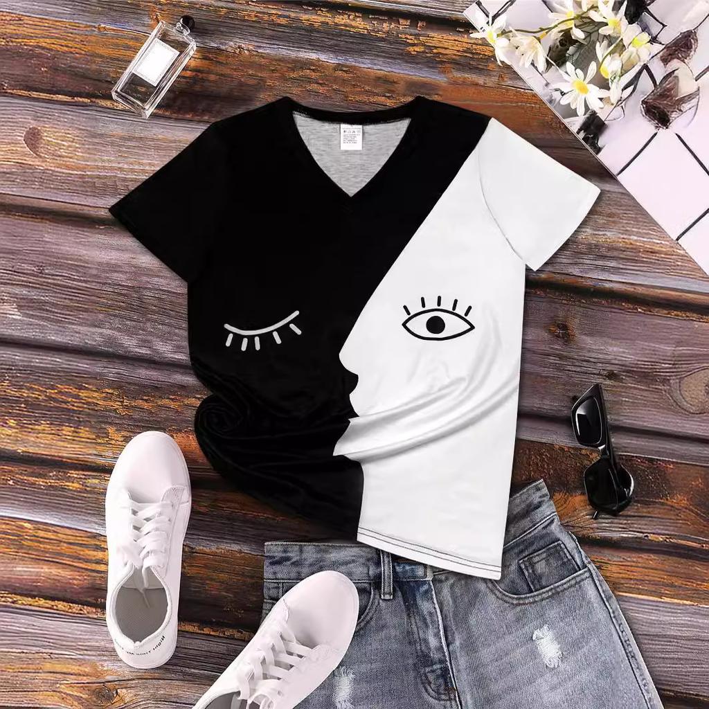 Summer V-neck Face Graphic 3D Printed Top Fashionable Casual Short Sleeved Women's T-shirts