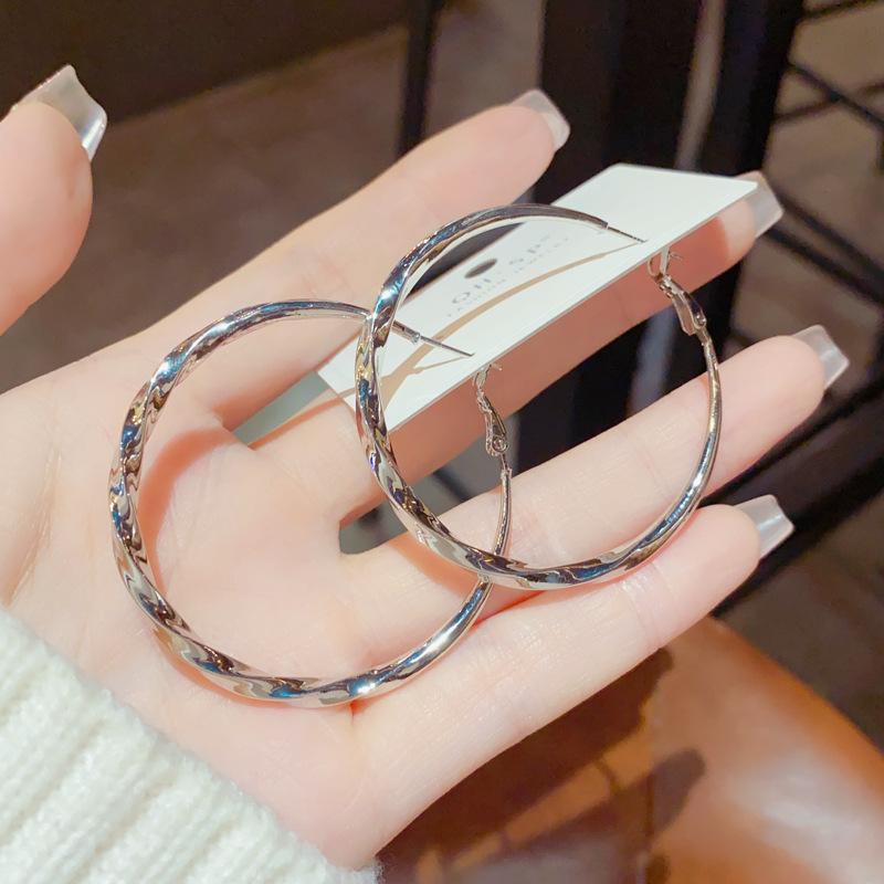 

Европейская и американская личность Простые и преувеличенные металлические витые серьги Женский темперамент Дикие серьги с холодным ветром Тонкие серьги Large серебряный