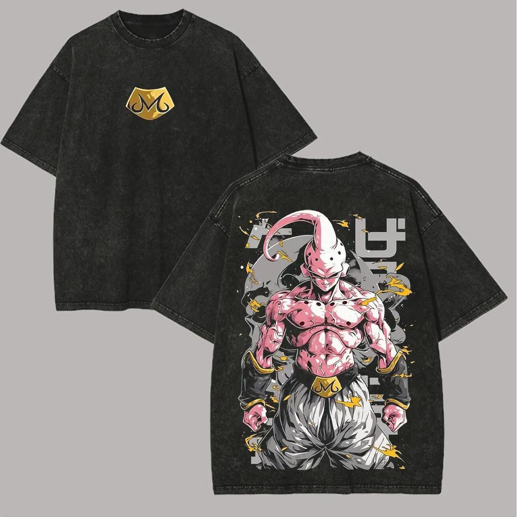 Kid Buu T Shirt Men Acid Wash Oversized Anime Majin Buu Graphic Back Cotton Vintage Gym Streetwear Pink Demon Manga Top Tee