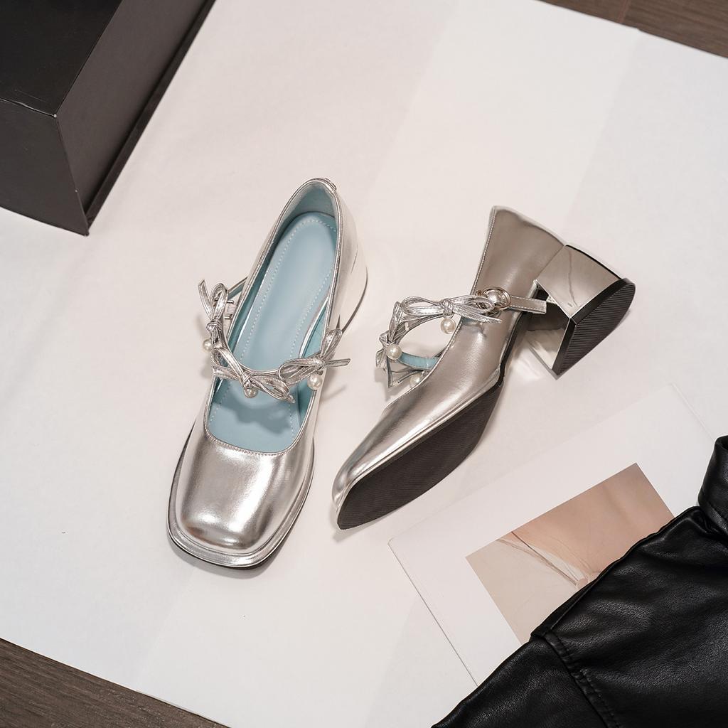 Silver Thick Heel Light Mouth Single Shoes Women's French Word Belt Mary Jane Shoes Pearl Bow with Skirt Fairy Shoes