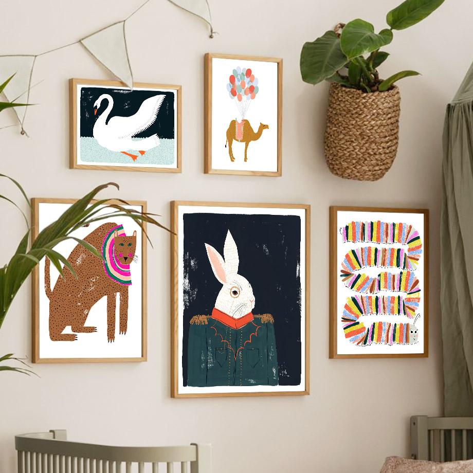 Leopard Bear Fox Rabbit Swan Nursery Nordic Poster Print Abstract  Animal Wall Art Canvas Painting Pictures Baby Kids Room Decor