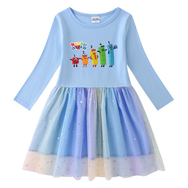 Kinderkleid im koreanischen Stil: Kurzarm Sommer oder Langarm Frühling/Herbst, Sterne Regenbogen Pailletten, Netz Falten Prinzessinnen Design.