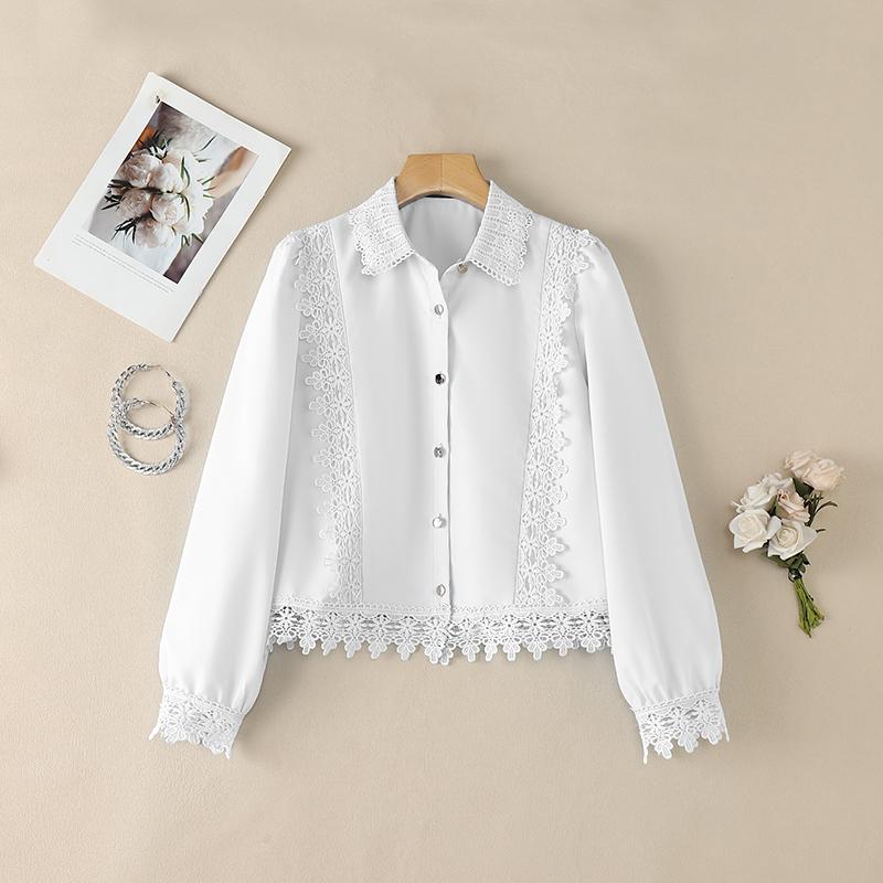 ZANZEA Women Casual Turn Down Collar Long Sleeve Lace Splice Blouse