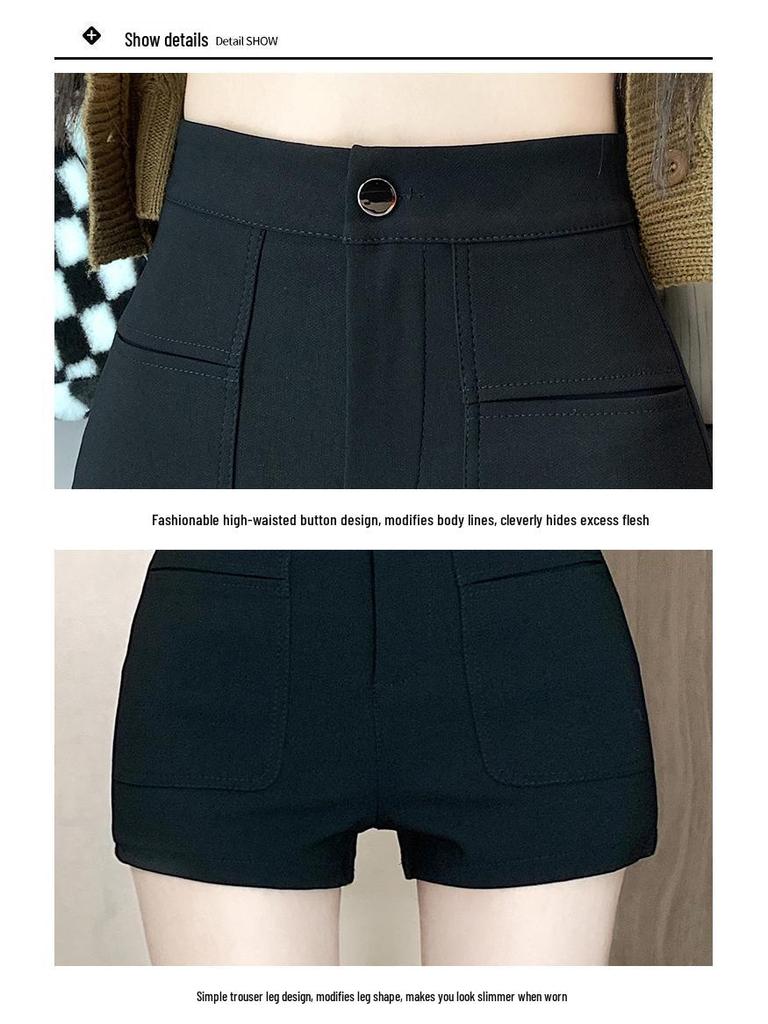 2024 New Women's High-Waisted Black Slimming Elastic Shorts - Autumn/Winter Petite Fit