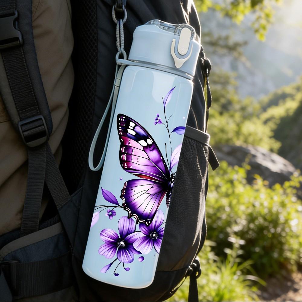 1PC Purple Butterfly Flower Pattern 750ml Color Plastic Sports Water Bottle Leakproof Flip Straw Lid Suitable for Sports Office Home Use