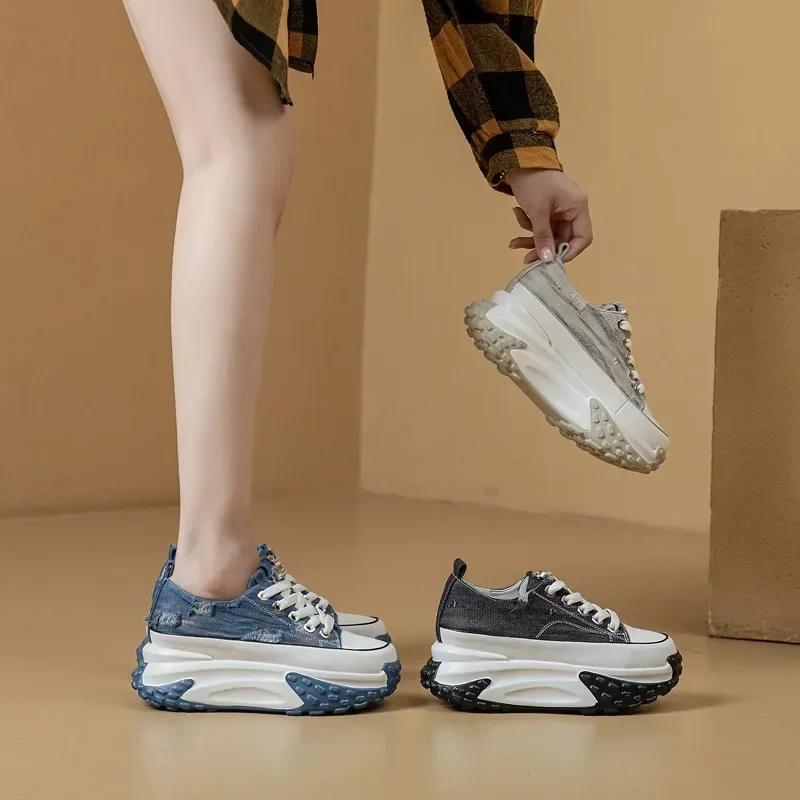 Mode 6CM Denim Echtleder Plateau Keilabsatz Schuhe Klobiger Sneaker Lässig Bequem High Brand Strass Frühling Bling Herbstschuhe