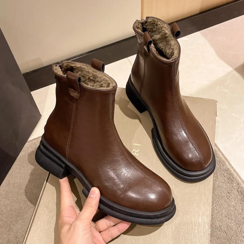 New Women Ankle Boots Fashion Female Square Heel Low-Heel Shoes Lady Boots Leather Woman Low-heel Keep Warm Ankle Boots