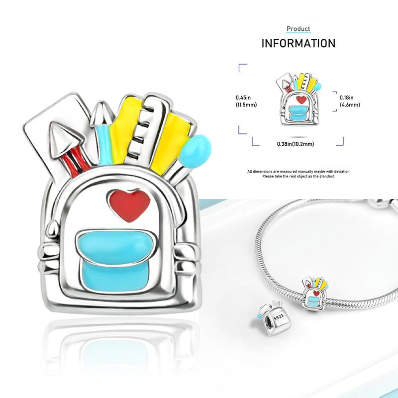 Copper School Backpack Book Pencil Trophy Charm Beads Fit The Original Charm Bracelet Women Diy Jewelry