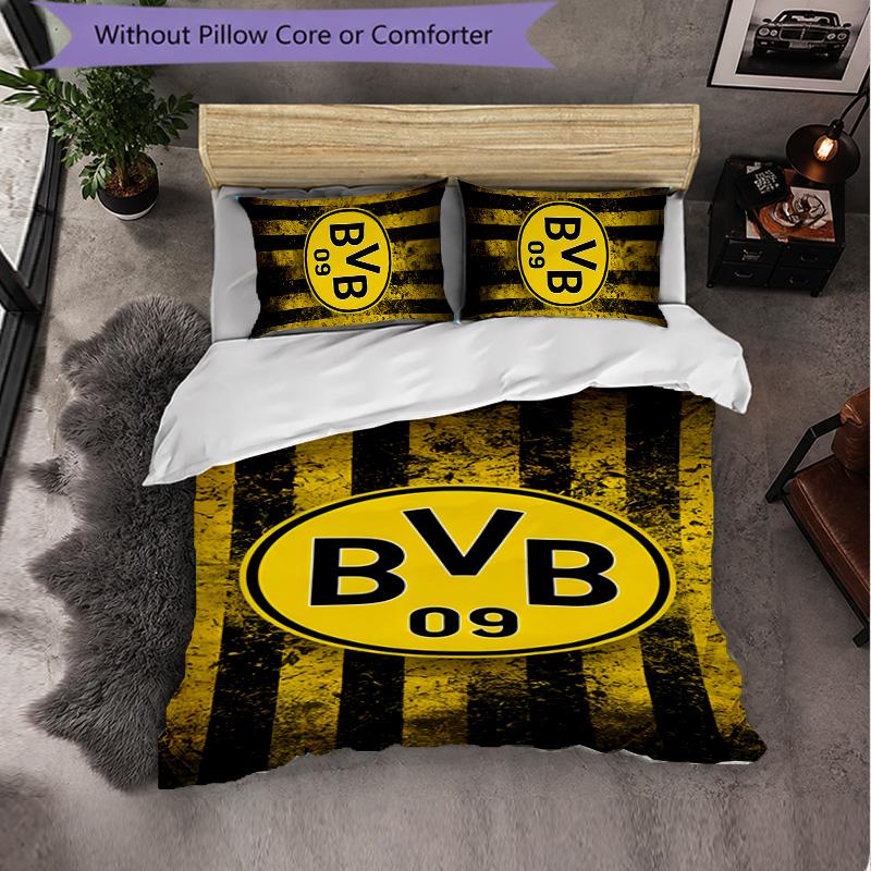Borussia Dortmund 3-teiliges Bettwäscheset Weiches Bettbezug-Set mit Kissenbezügen Bedrucktes Schlafzimmer-Deko-Set für Zuhause