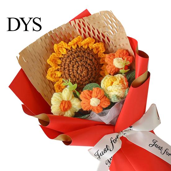Handgestricktes Geschenk zum Jahrestag, Handgehäkeltes Garnblumenstrauß, Künstlicher Rosen-Sonnenblumenstrauß, Frauen-Häkelblumen, Lehrer-Anerkennung