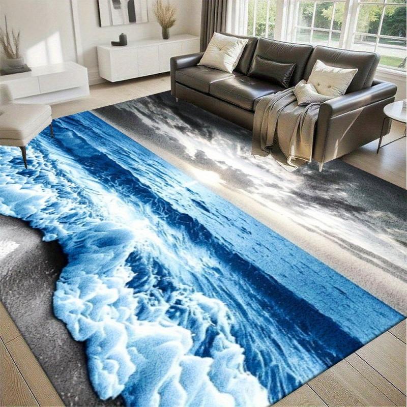 Beach Starfish Seashell Moon Wave Print Large Area Rug Soft Flannel Non Slip Floor Carpet for Living Room Coastal Nautical Style