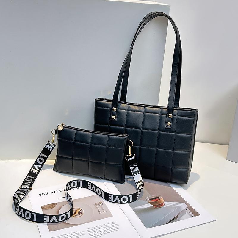 New Plaid Embroidered Tote Bag Casual Women's Bag Two-piece Set Small Square Bag Wide Shoulder Strap Messenger Bag One Piece