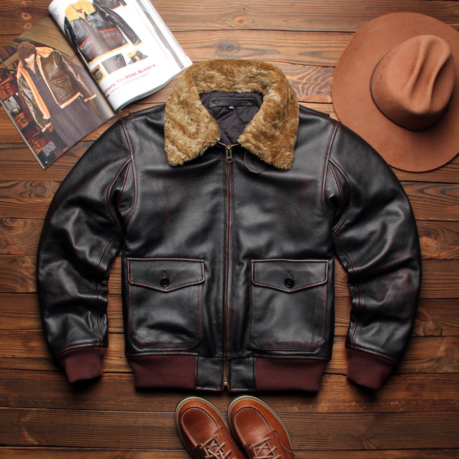 

Men s Distressed Cowhide Leather Flight Jacket with Fur Collar - Slim Fit, Washed Color, Warm Cotton Inner Large