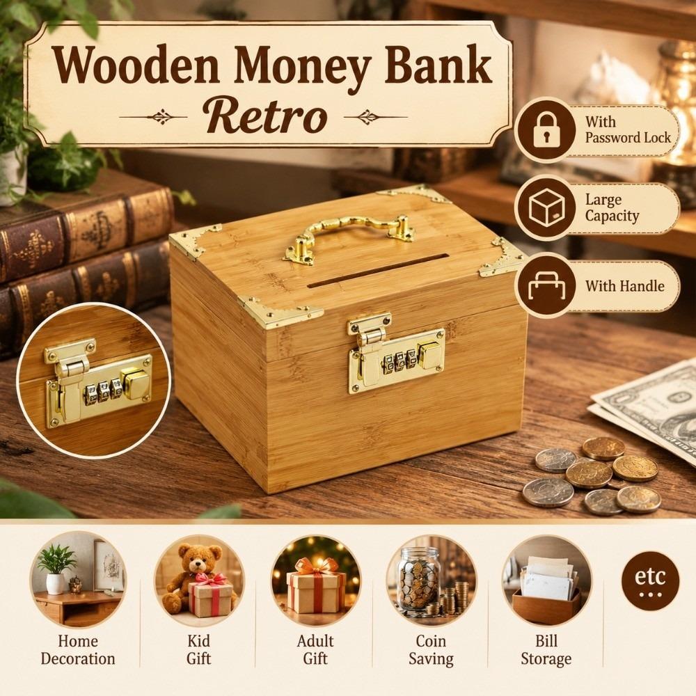 Dřevěná pokladnička s zámkem na heslo Retro úložná krabička na poklady Prasátko Úložný prostor na bankovky