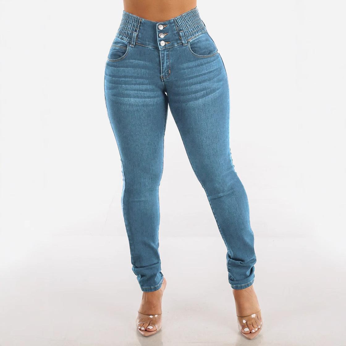 

Women s High-Waisted Slimming Jeans - Plus Size Button-Up Skinny Pants S світло-синій колір